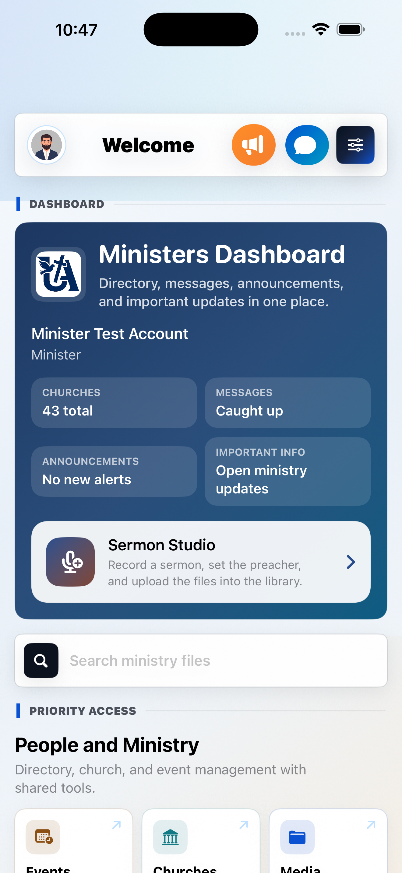 COGUA Ministry App dashboard on an iPhone